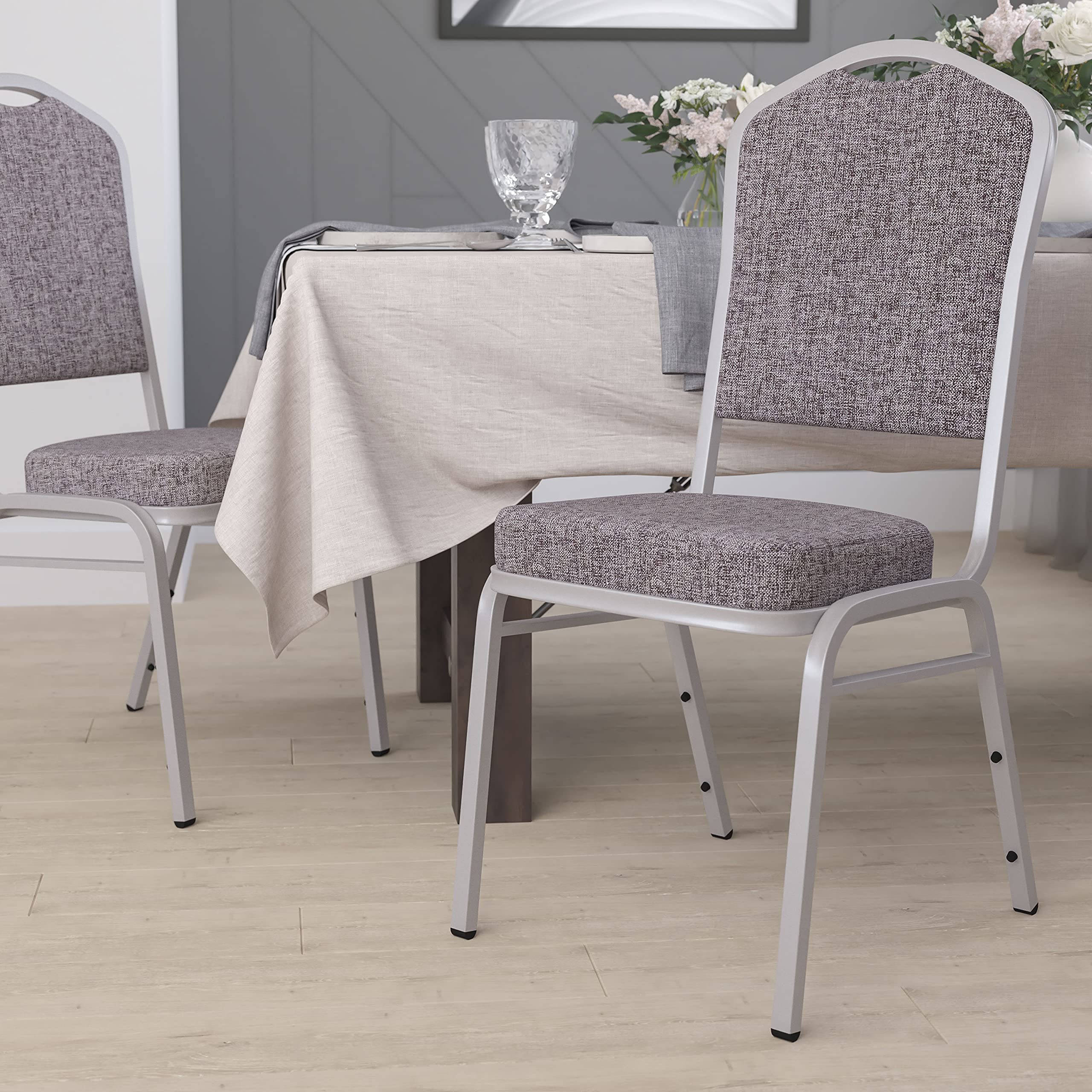 Flash Furniture Hercules Fabric Crown Back Stackable Banquet Chair, Silver, Set of 1, Herringbone Fabric/silver Frame