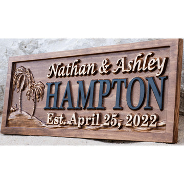Custom Wood Last Name Sign with Palm Trees | Coastal Beach Wedding Gift