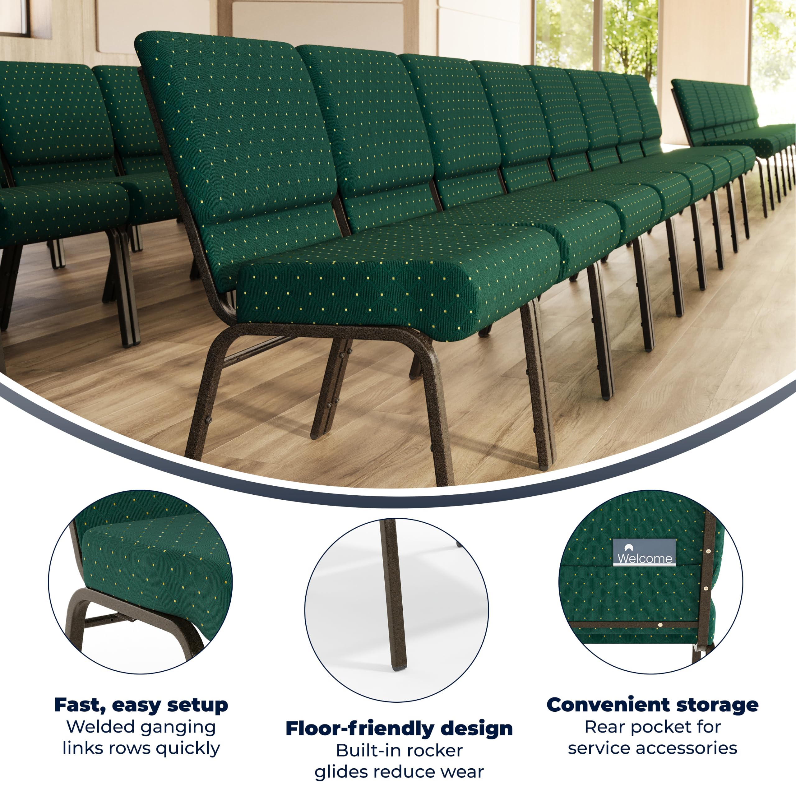 Flash Furniture Hercules Series 21''w Stacking Church Chair in Hunter Green Dot Patterned Fabric - Gold Vein Frame, Set of 1, Hunter Green Dot