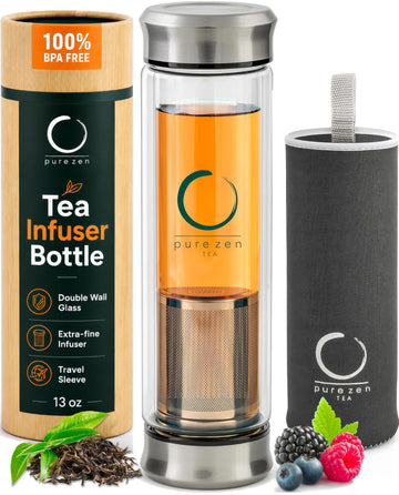 Pure Zen Tea Infuser Bottle - Double Wall Glass Travel Mug with Stainless Steel Filter - Leakproof Tea Tumbler with Infuser for Loose Leaf Infusions and Fruit Infused Water - Unique Gift Set - 13 oz