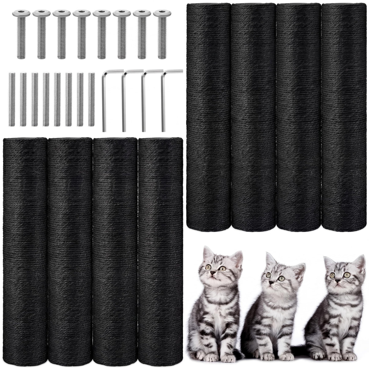 Arrowbash 8 Pcs M8 Cat Scratching Post Replacement 15.7x3.1'' Sisal Pole Cat Tree Climbing Post Replacement with Screw Refill Scratcher Pole, Indoor Kitten Tree Tower Spare Furniture Protector (Black)