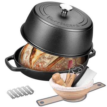 VORRINGARD Pre-seasoned Cast Iron Dutch Oven Pot with Lid for Bread Baking, Include Sourdough Bread Baking Supplies like Banneton Bread Proofing Basket, Bread Oven, 6 Quart