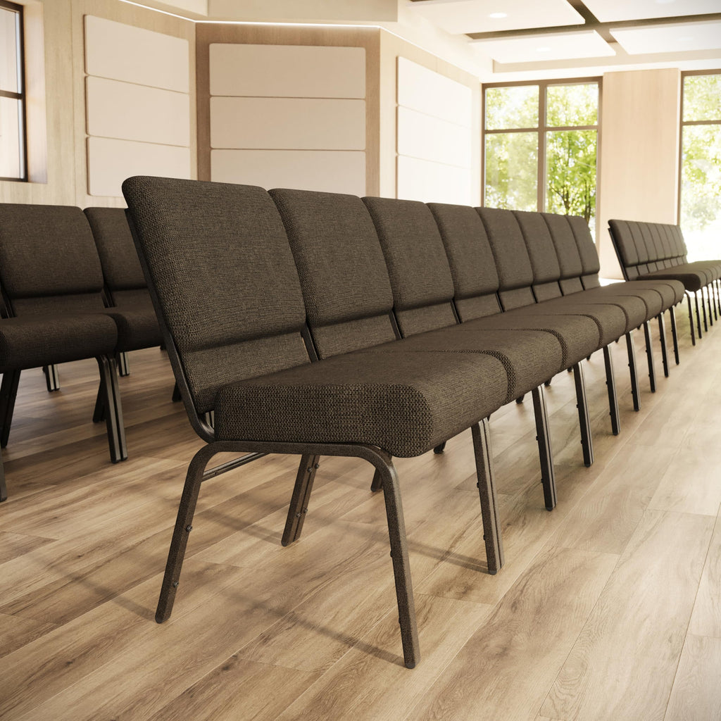 Flash Furniture 4 Pack Hercules Series 21''w Stacking Church Chair in Brown Fabric - Gold Vein Frame, Set of 4, Brown Fabric/gold Vein Frame