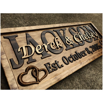 3D Wood Carved Personalized Wedding Gift Established Name Sign with Hearts