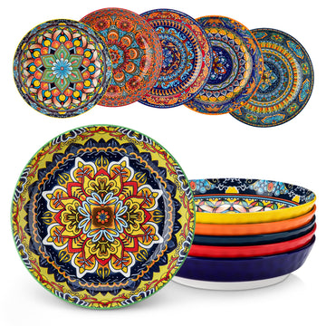 vancasso 32 Oz Pasta Bowls, Porcelain Large Colorful Salad Soup Bowls Set of 6, Pasta Serving Bowls Plates for Kitchen, Dishwasher & Microwave Safe, Series KRVI