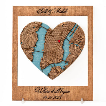 Where it All Began Map Wooden Wall Art - 3D Custom Location or City Map Wall Decor for Valentine's Day - Gifts for Couples