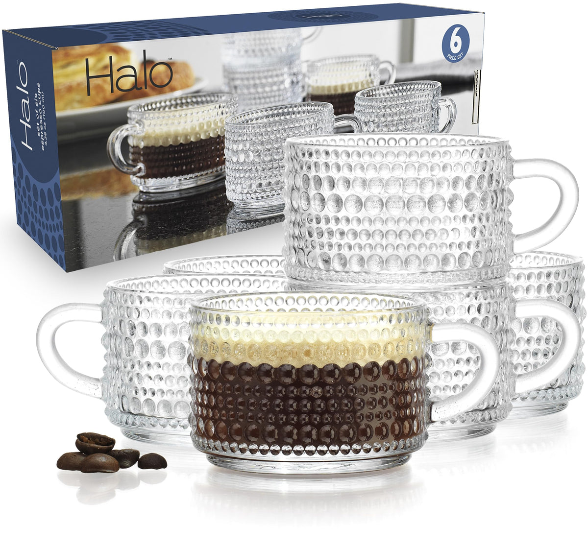 Glaver's Espresso Cups, Mini 3 oz Set of 6 Shot Glasses Coffee Espresso Mugs, Stackable Thick Glass with Handle - Hobnail Embossed Demitasse Cups Dishwasher Safe