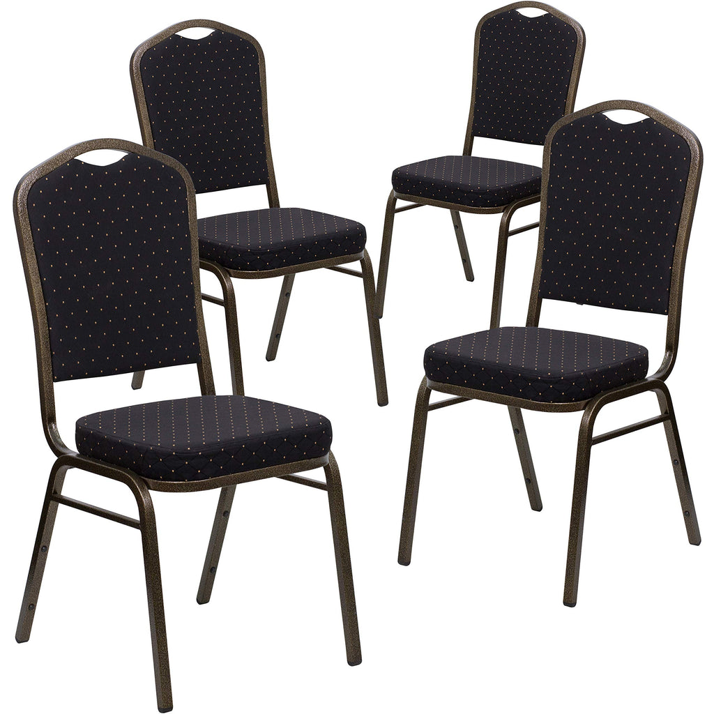 Flash Furniture Hercules Crown Back Stackable Banquet Chair, Black, 4-pack, Set of 4, Black Patterned Fabric/gold Vein Frame