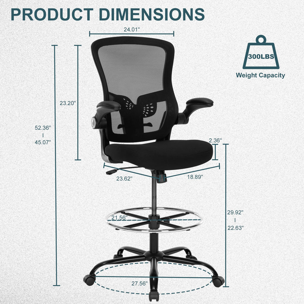 Luckyear Ergonomic Drafting Chair – Tall Office Chair for Standing Desk, Adjustable Height Mesh Chair with Footrest and Flip-up Arms, Counter