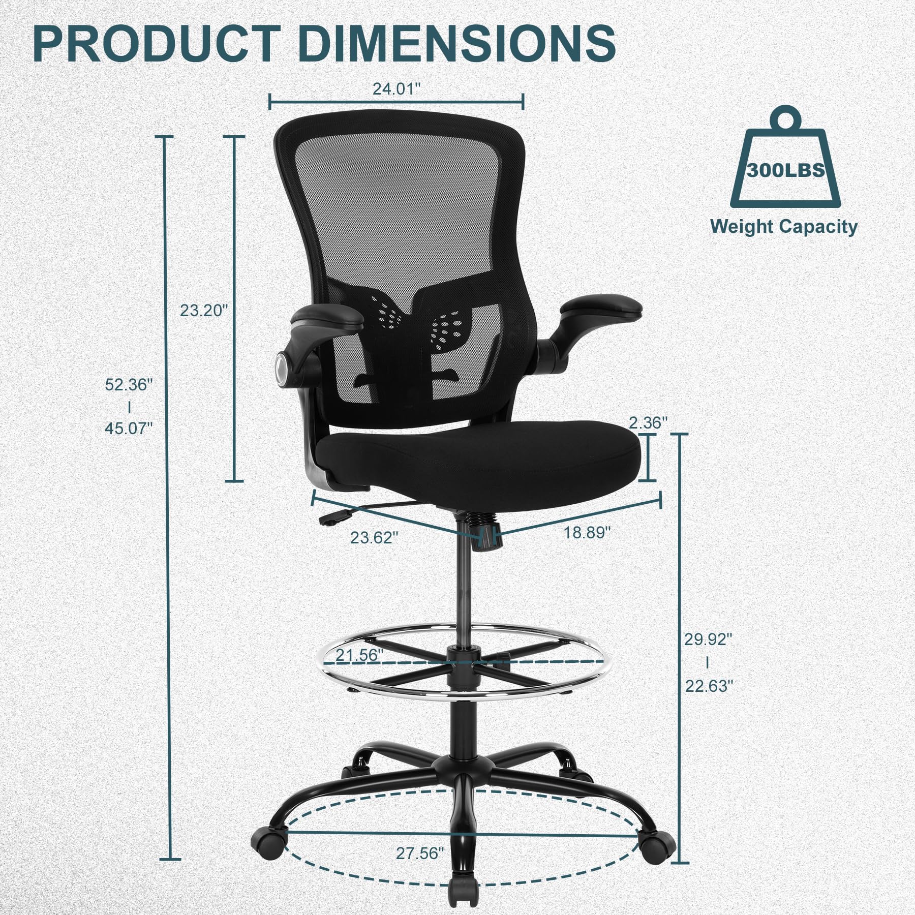 Luckyear Ergonomic Drafting Chair – Tall Office Chair for Standing Desk, Adjustable Height Mesh Chair with Footrest and Flip-up Arms, Counter