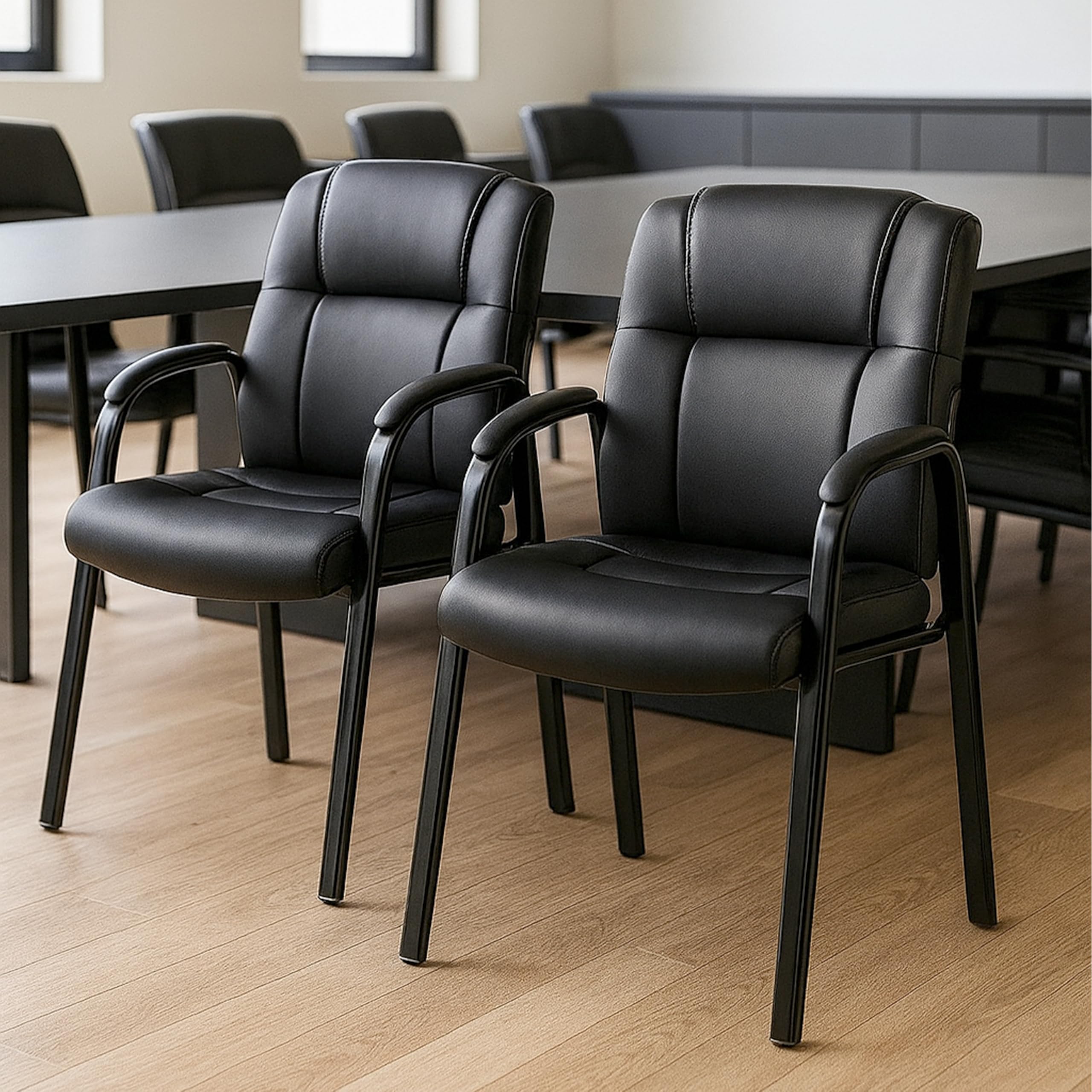 Simple Deluxe Office Guest Chair with Padded Arm Rest No Wheels, Waiting Room Reception Leather Stationary Chairs for Conference Room, Lobby,