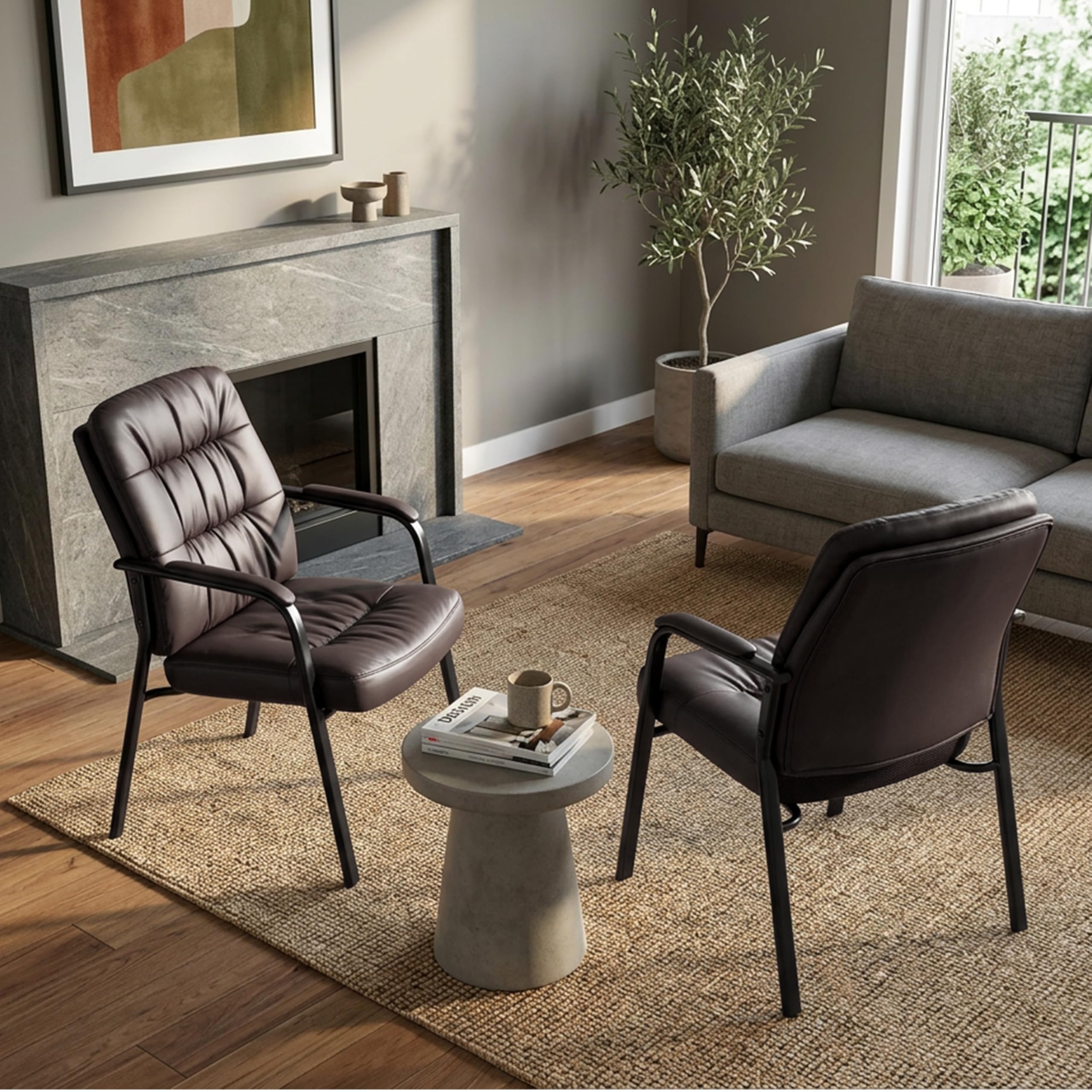 Simple Deluxe Office Waiting Room Guest Chair, Office Reception Lobby Pu Leather Chair No Wheels with Padded Armrest, Brown