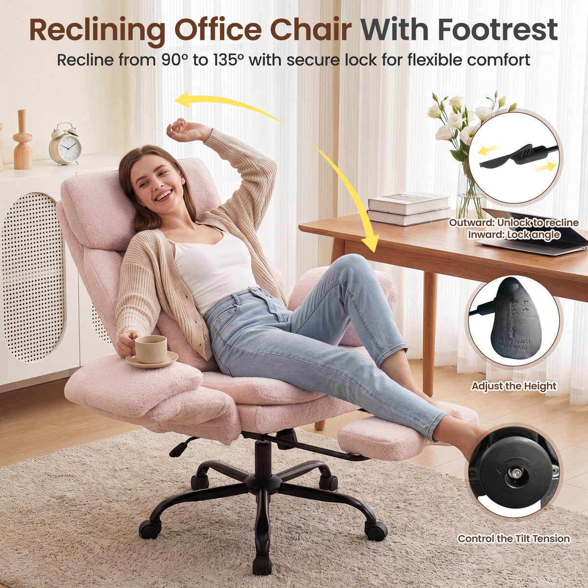 Fivewillowise Big and Tall Executive Office Chair with Foot Rest,reclining, 32"W*28"D*48"H, Teddy Pink