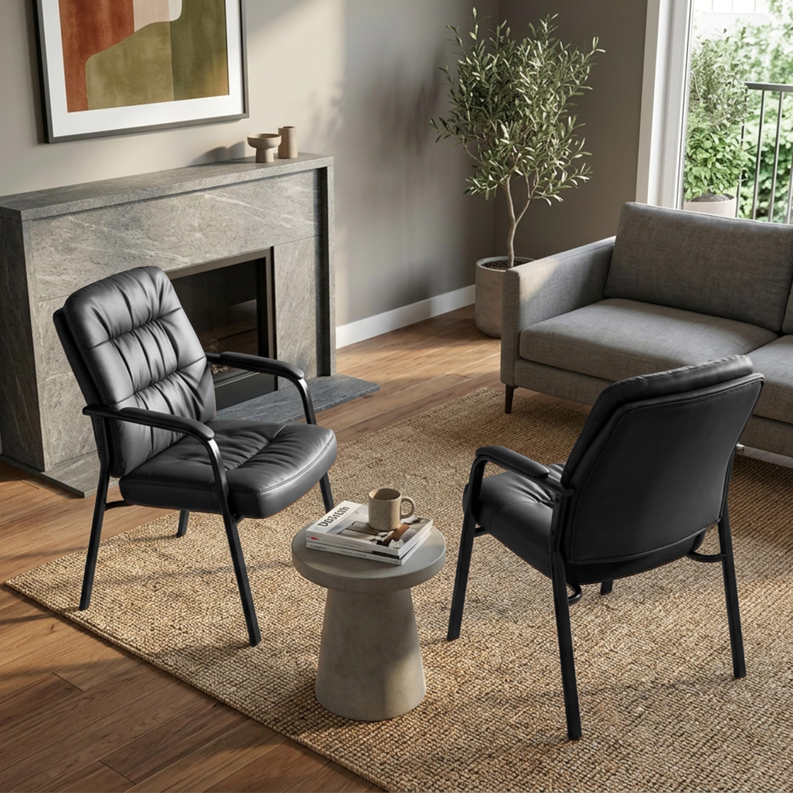Simple Deluxe Office Waiting Room Guest Chair, Office Reception Lobby Pu Leather Chair No Wheels with Padded Armrest, Black