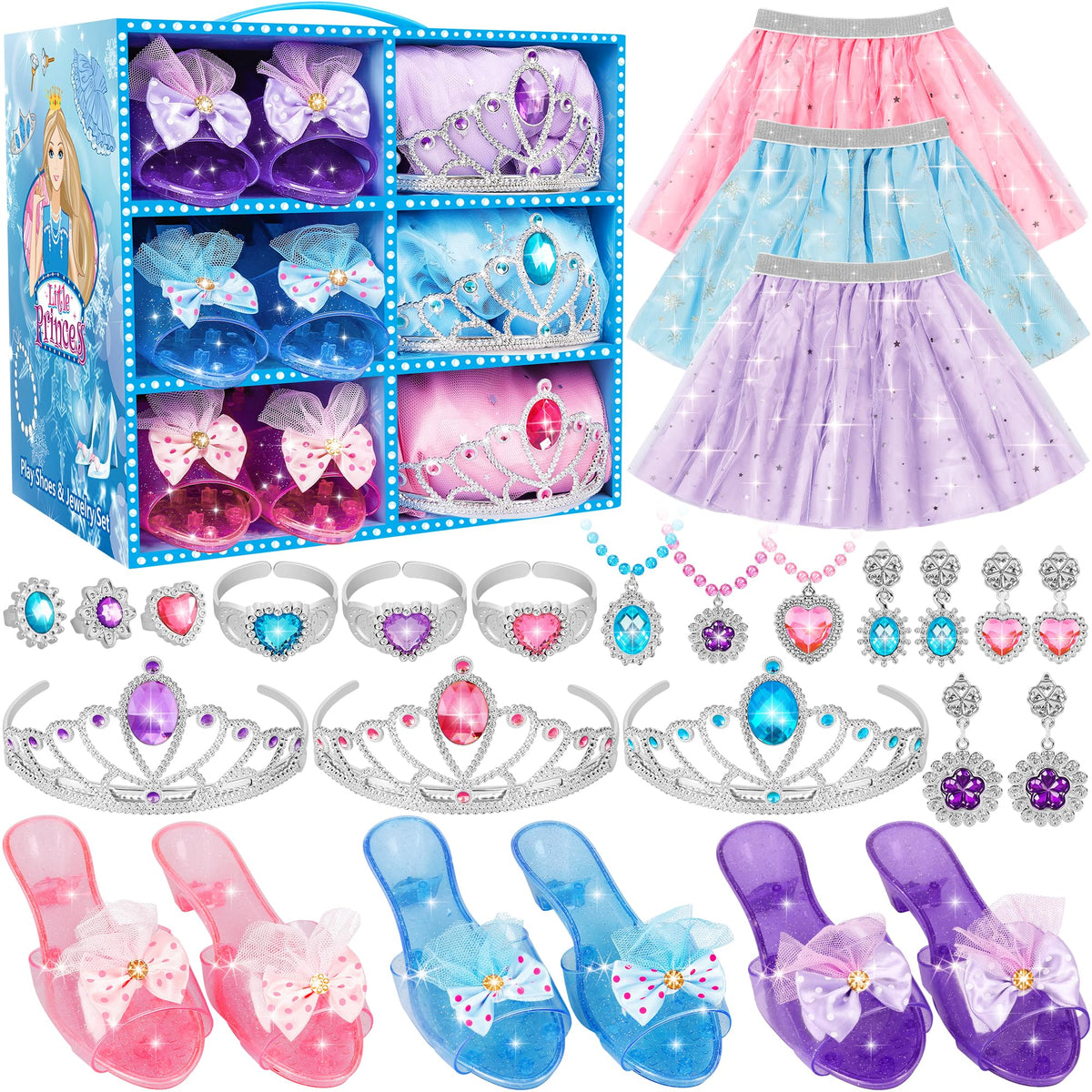 Princess Dress Up Toys & Jewelry Boutique Set for Girls, Costume Play Set with Skirts, Shoes, Crowns & Accessories, Pretend Role Play Gift for Toddler Girls Ages 3 4 5 6, Birthday Party Favors