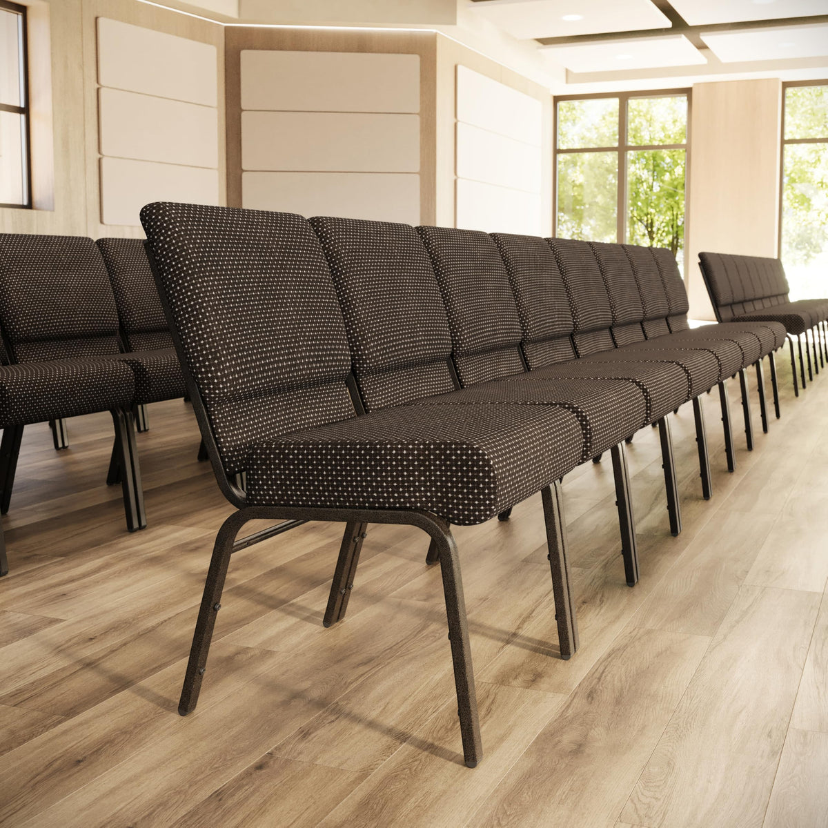 Flash Furniture Hercules Series 21''w Stacking Church Chair in Brown Dot Fabric - Gold Vein Frame, Set of 1, Brown Dot Fabric/gold Vein Frame