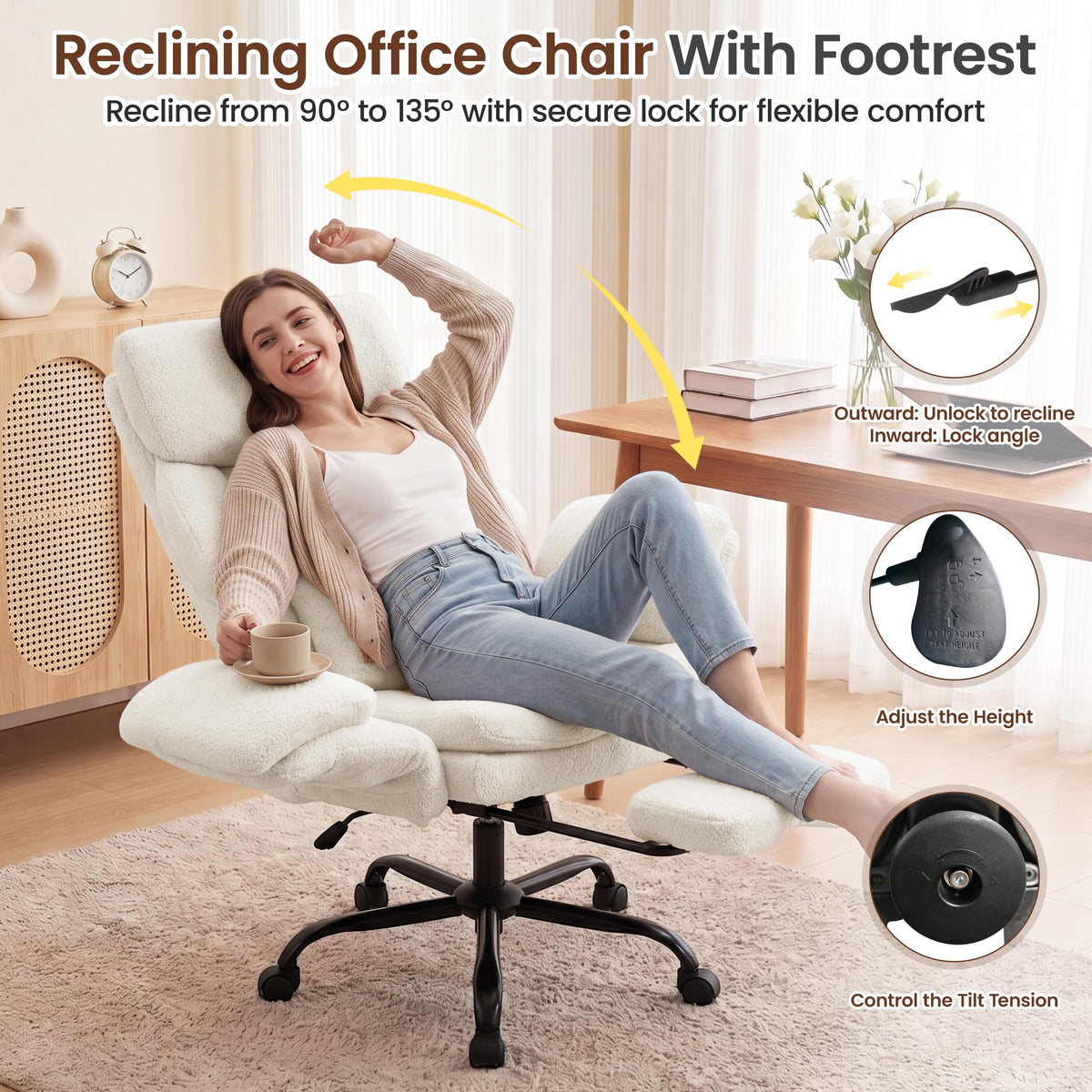 Fivewillowise Big and Tall Executive Office Chair with Foot Rest,reclining, 32"W*28"D*48"H, Teddy White