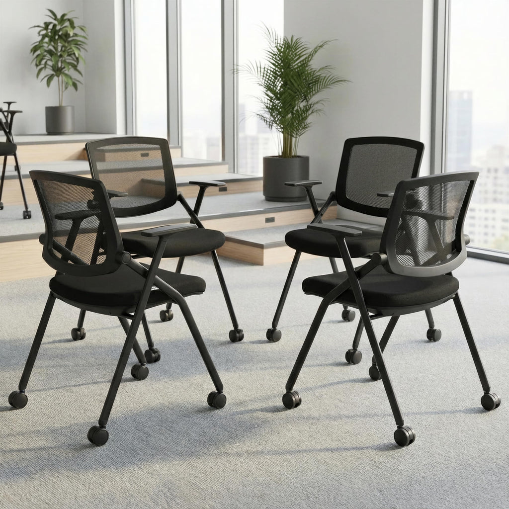Brobriyo, 4 Pack Stackable Conference Room Chairs with Wheels and Paddle, Ergonomic Mesh Back and Arms for Meeting, Conference, Reception,