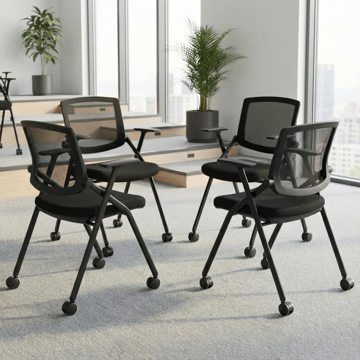 Brobriyo, 4 Pack Stackable Conference Room Chairs with Wheels and Paddle, Ergonomic Mesh Back and Arms for Meeting, Conference, Reception,