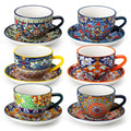 vancasso 8 oz Cappuccino Cups with Saucers Set of 6, Bohemian Ceramic Coffee Cup for Latte, Tea, Espresso, Microwave & Dishwasher Safe - Porcelain Tea Cups and Saucers for Kitchen or Cafe