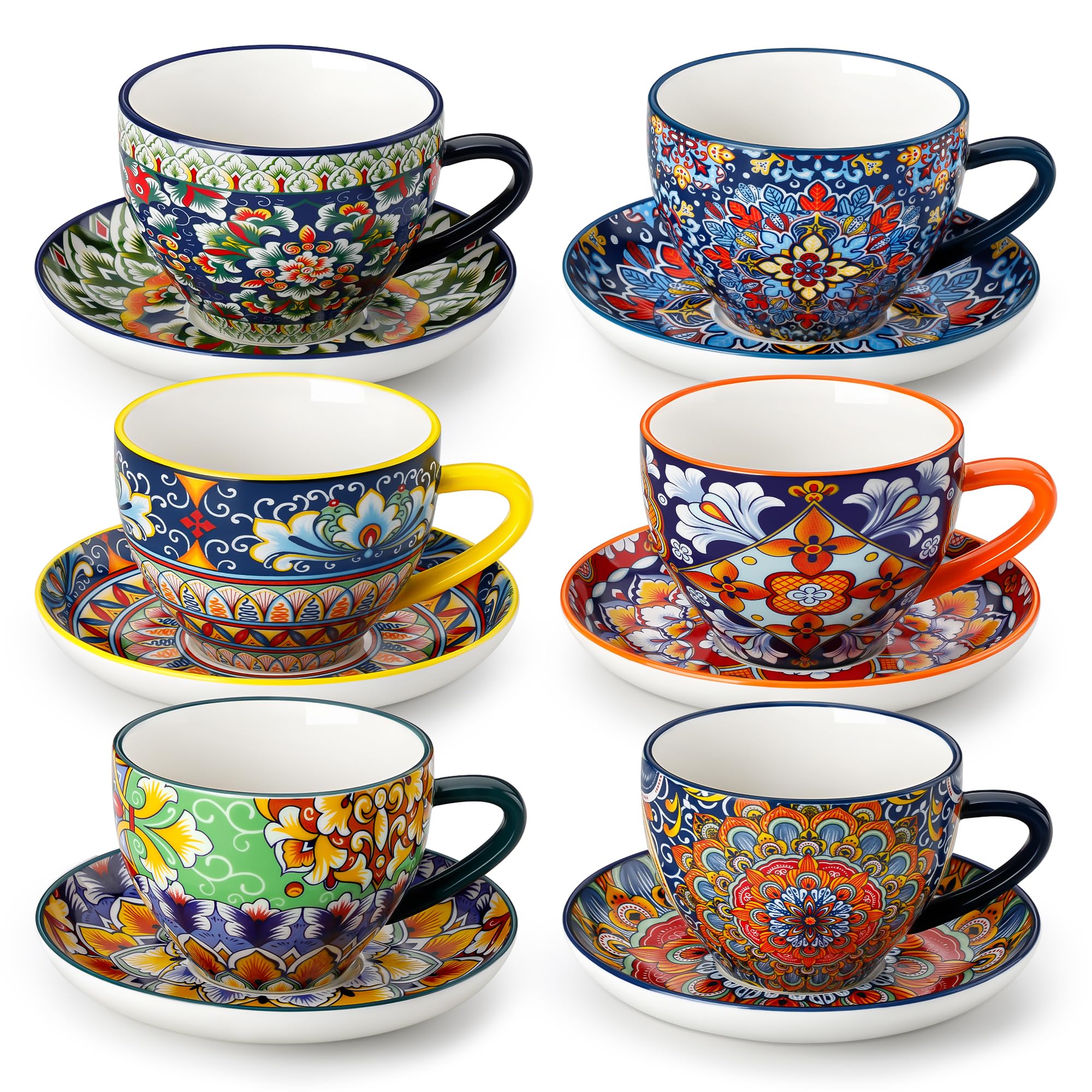 vancasso 8 oz Cappuccino Cups with Saucers Set of 6, Bohemian Ceramic Coffee Cup for Latte, Tea, Espresso, Microwave & Dishwasher Safe - Porcelain Tea Cups and Saucers for Kitchen or Cafe