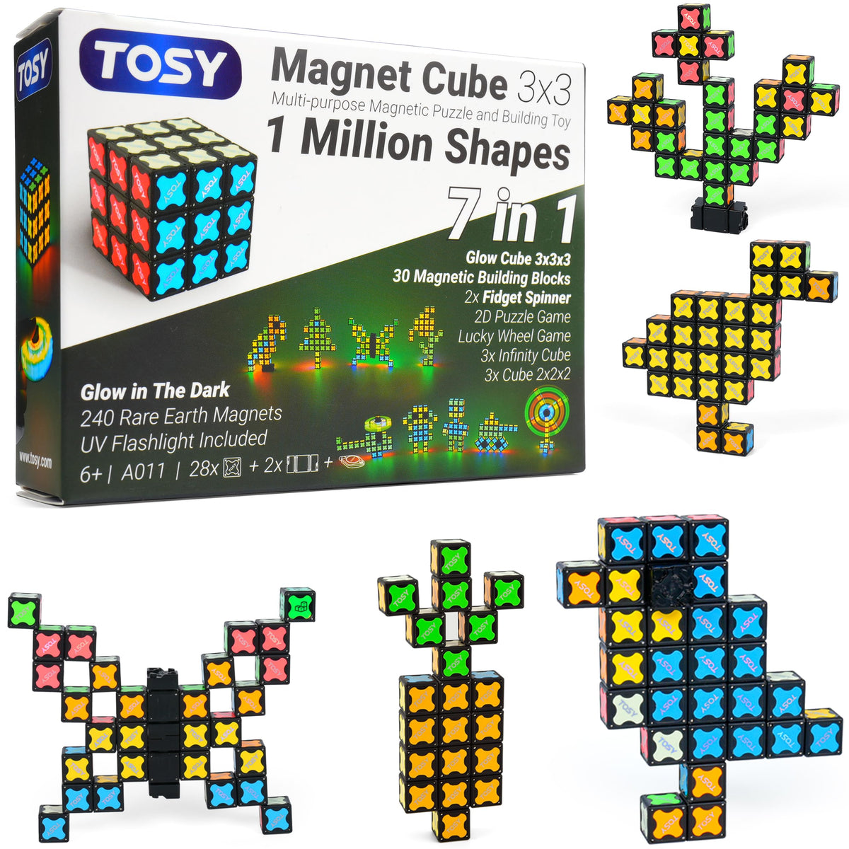 TOSY Magnet Cube 3x3 - 30 Blocks, 240 Magnets, Easter Basket Stuffers for Kids, Multipurpose: Creative Building Blocks, Transformable Fidget Spinner, Puzzle/Infinity Cube, Glowing STEM Toy