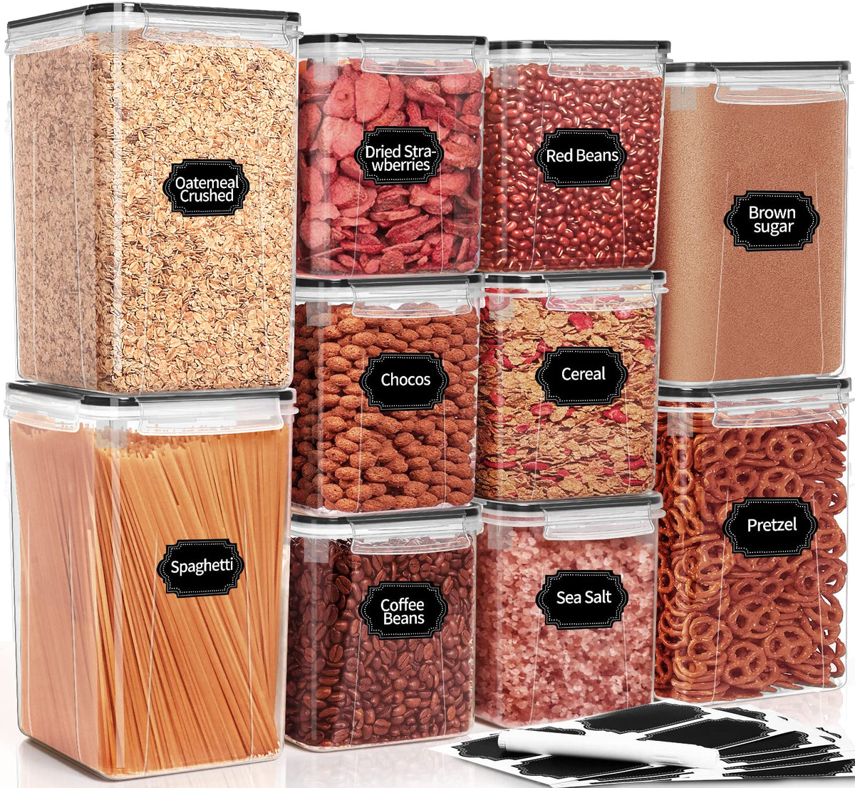 PRAKI 10 PCS flour sugar storage containers for Organizers and Storage | BPA Free, Airtight Food Storage Containers with Lids for Sugar, Flour, Baking Supplies, Versatile Kitchen Containers, Black