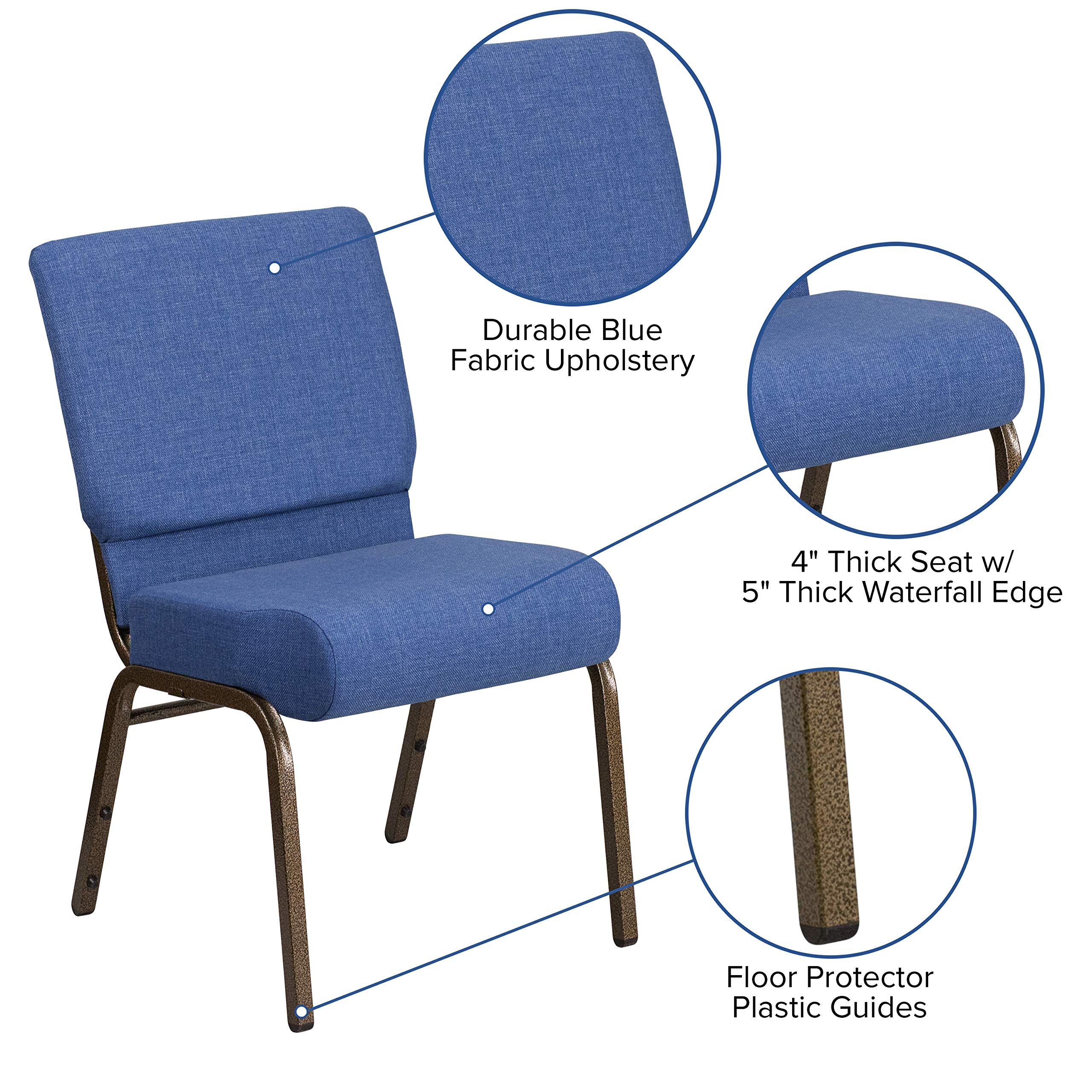 Emma + Oliver Blue 21" W Stacking Church Chair, 4-pack, 21.25"W x 25"D x 33"H, Blue Fabric/gold Vein Frame