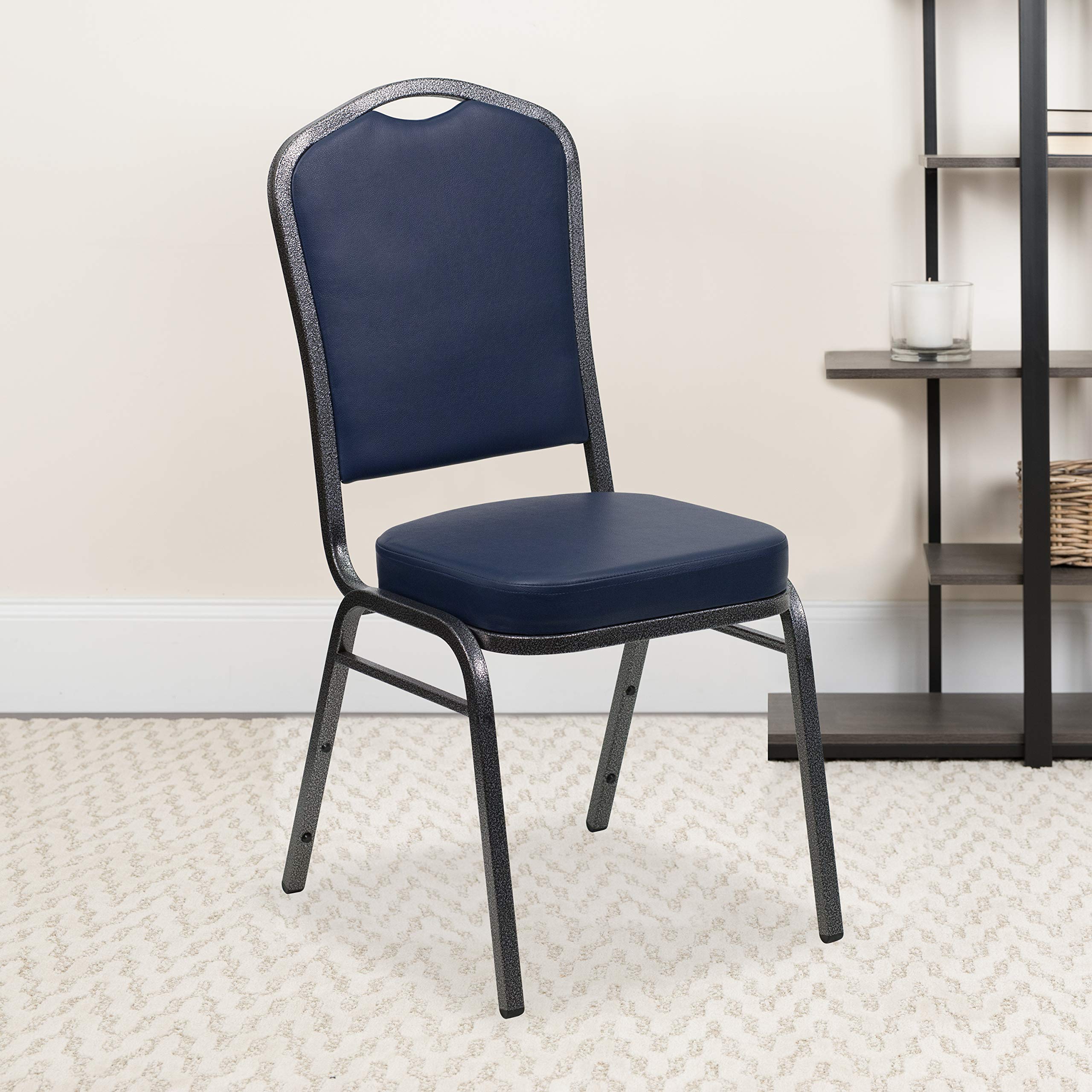 Flash Furniture Hercules Crown Back Stackable Banquet Chair, Silver, 4-pack, Set of 4, Navy Vinyl/silver Vein Frame