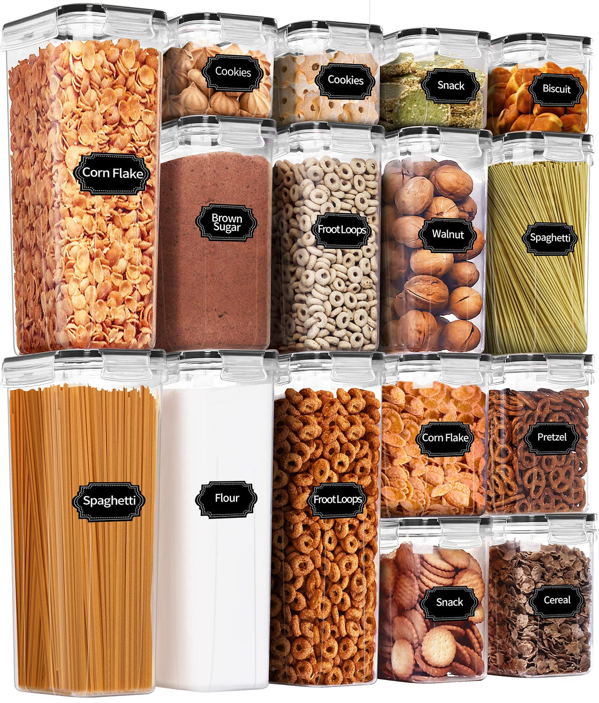 PRAKI Airtight Food Storage Containers Set, 16 Pcs BPA Free Plastic Dry Food Canisters for Kitchen Pantry Organization and Storage Ideal for Cereal, Flour & Sugar - Labels, Marker(Black)