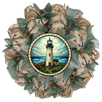 Nautical Wreath, Luxury Handmade – Coastal Mosaic Look Turquoise and Burlap Lighthouse Front Door Decor, 24 or 28 Inch