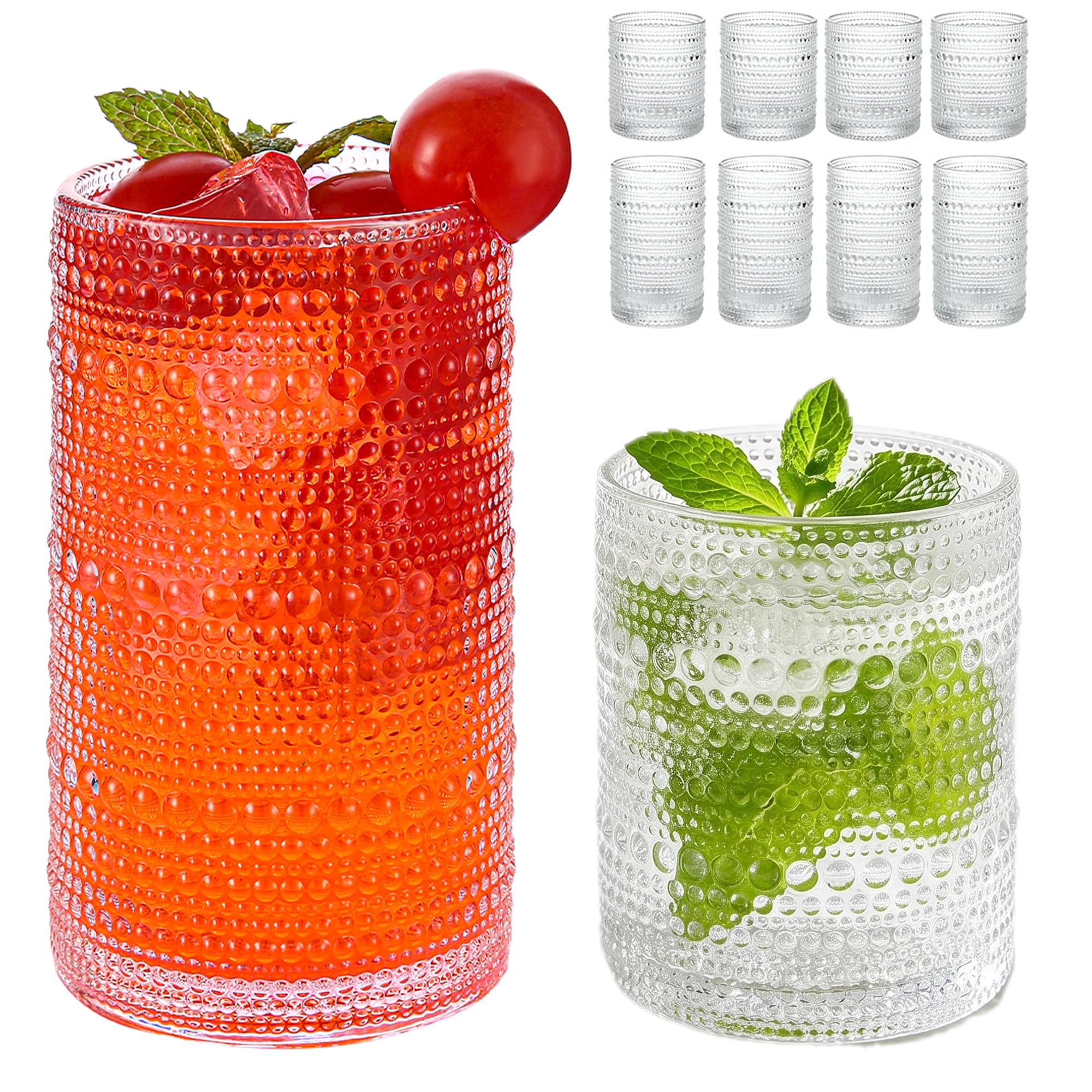 Vintage Hobnail Drinking Glasses Set of 8, Clear 16 oz Highball Glasses & 12 oz Cocktail Glasses Set, Kitchen Drinkware Glassware,Embossed Water Tumbler for Beer, Juice, Whiskey, Milk