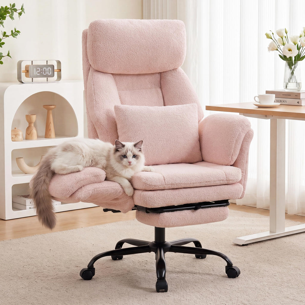 Fivewillowise Big and Tall Executive Office Chair with Foot Rest,reclining, 32"W*28"D*48"H, Teddy Pink