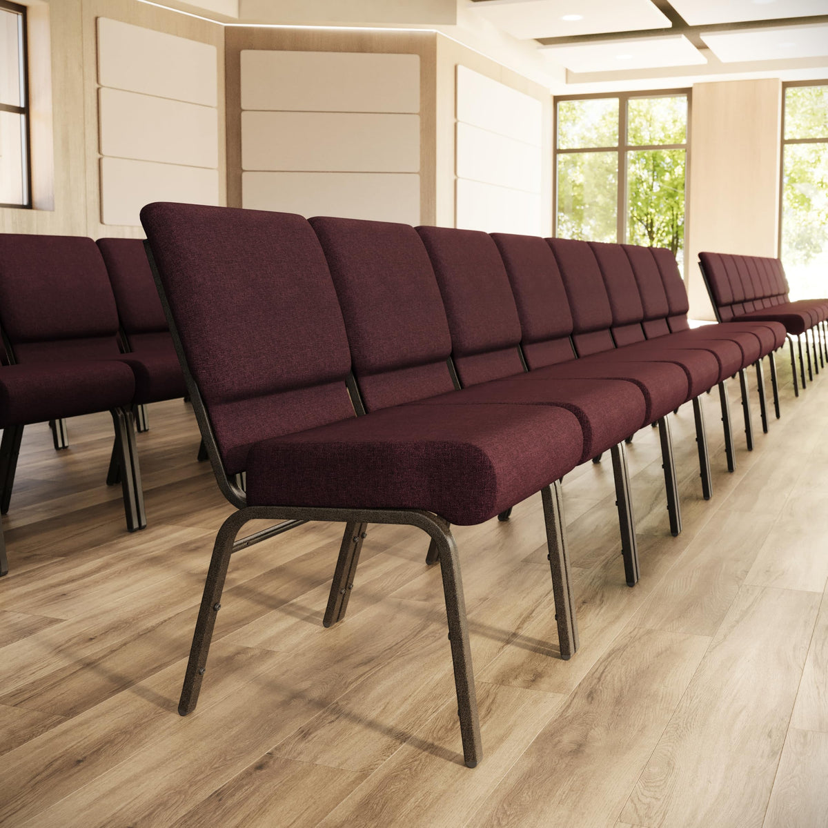 Flash Furniture 4 Pack Hercules Series 21''w Stacking Church Chair in Plum Fabric - Gold Vein Frame, Set of 4, Plum Fabric/gold Vein Frame