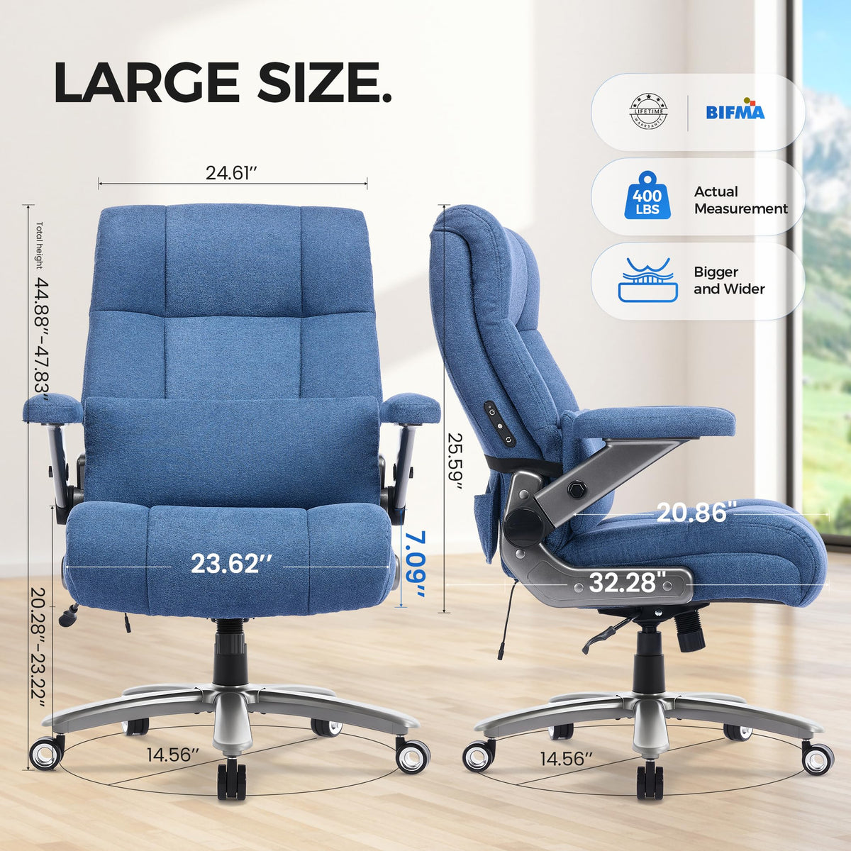 Chairker Big and Tall Office Chair with Massage Heat for Heavy Duty People, 400LBS, Blue-fabric