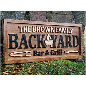 Personalized Carved Wood Backyard Bar & Grill Family Name Sign