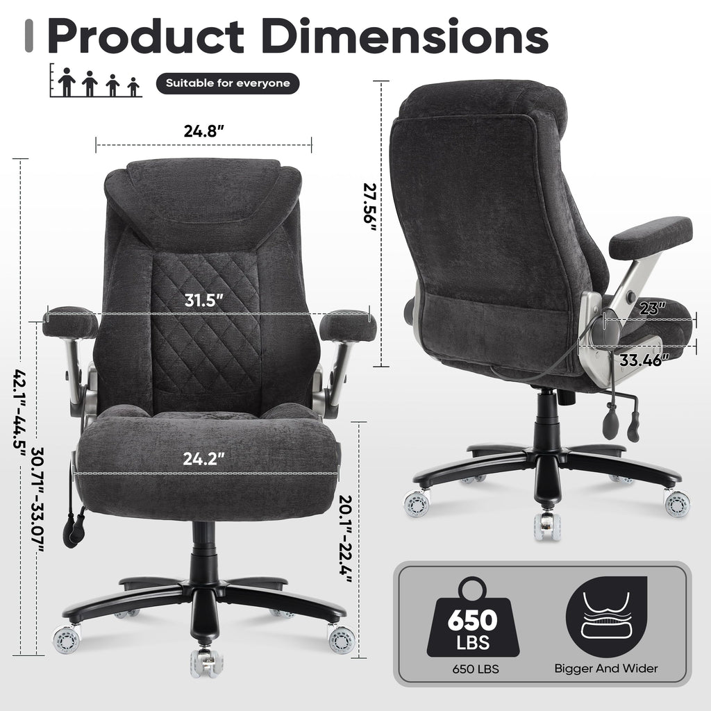 600lbs Large Big and Tall Office Chair, Heavy Duty Wide Ergonomic Gaming Office Chair with 5d Flip Arms, Comfy Fabric Executive Office Desk