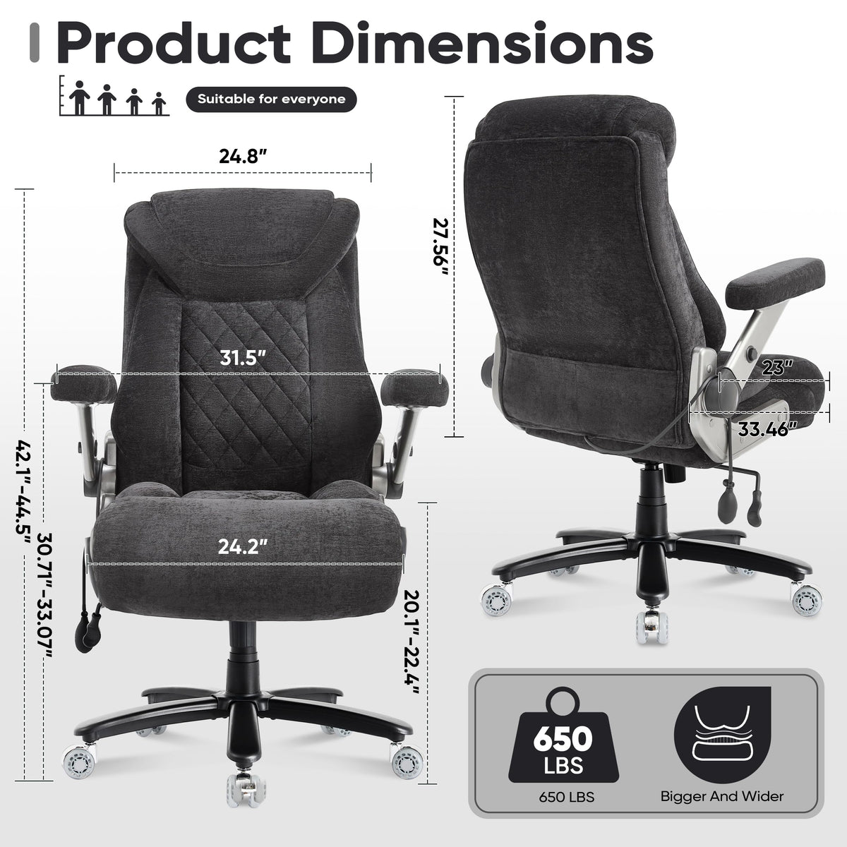 600lbs Large Big and Tall Office Chair, Heavy Duty Wide Ergonomic Gaming Office Chair with 5d Flip Arms, Comfy Fabric Executive Office Desk