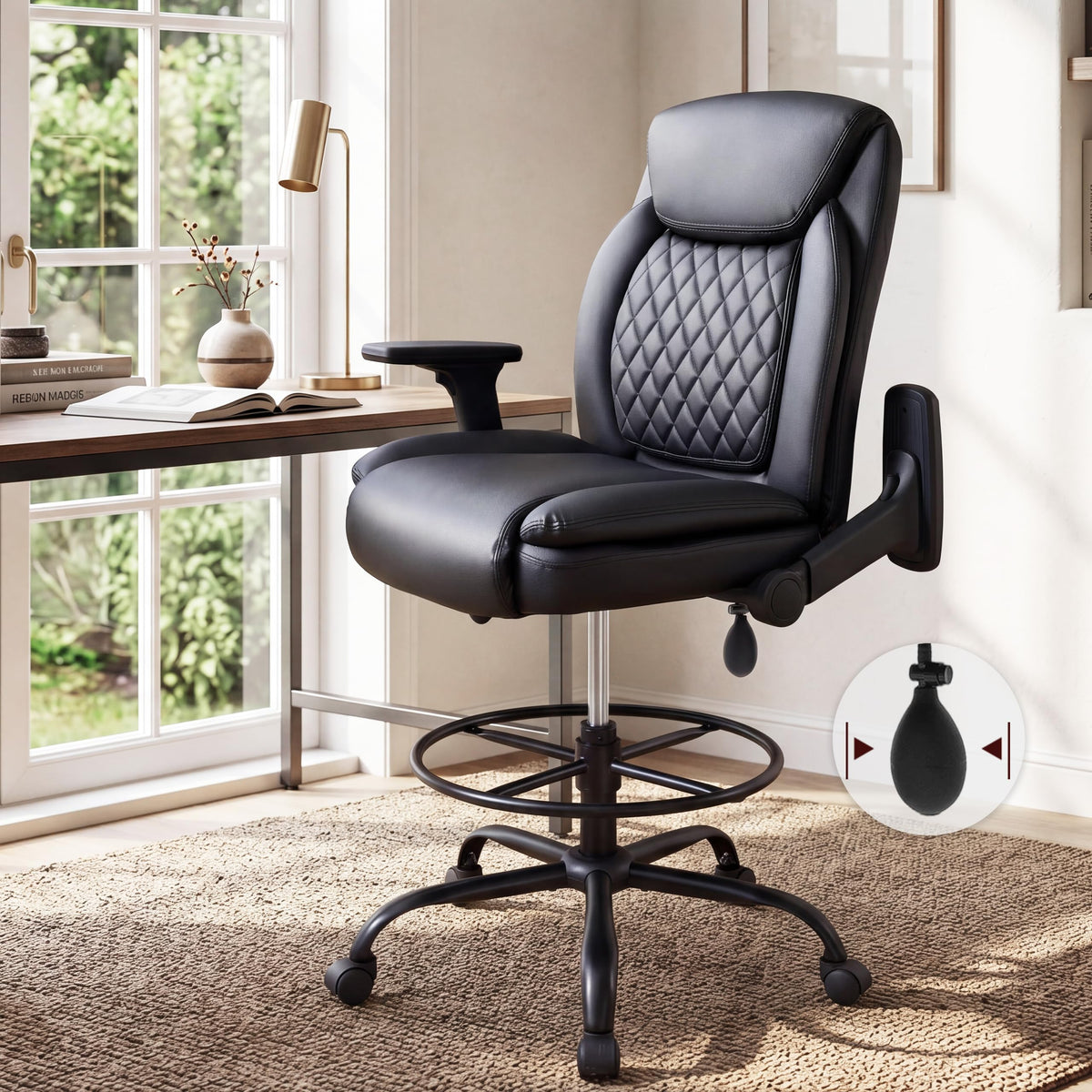 Drafting Chair,executive Tall Office Chair Flip-up Armrests for Counter Height Desk Drawing Use,high Task Chair with Adjustable Foot Ring &