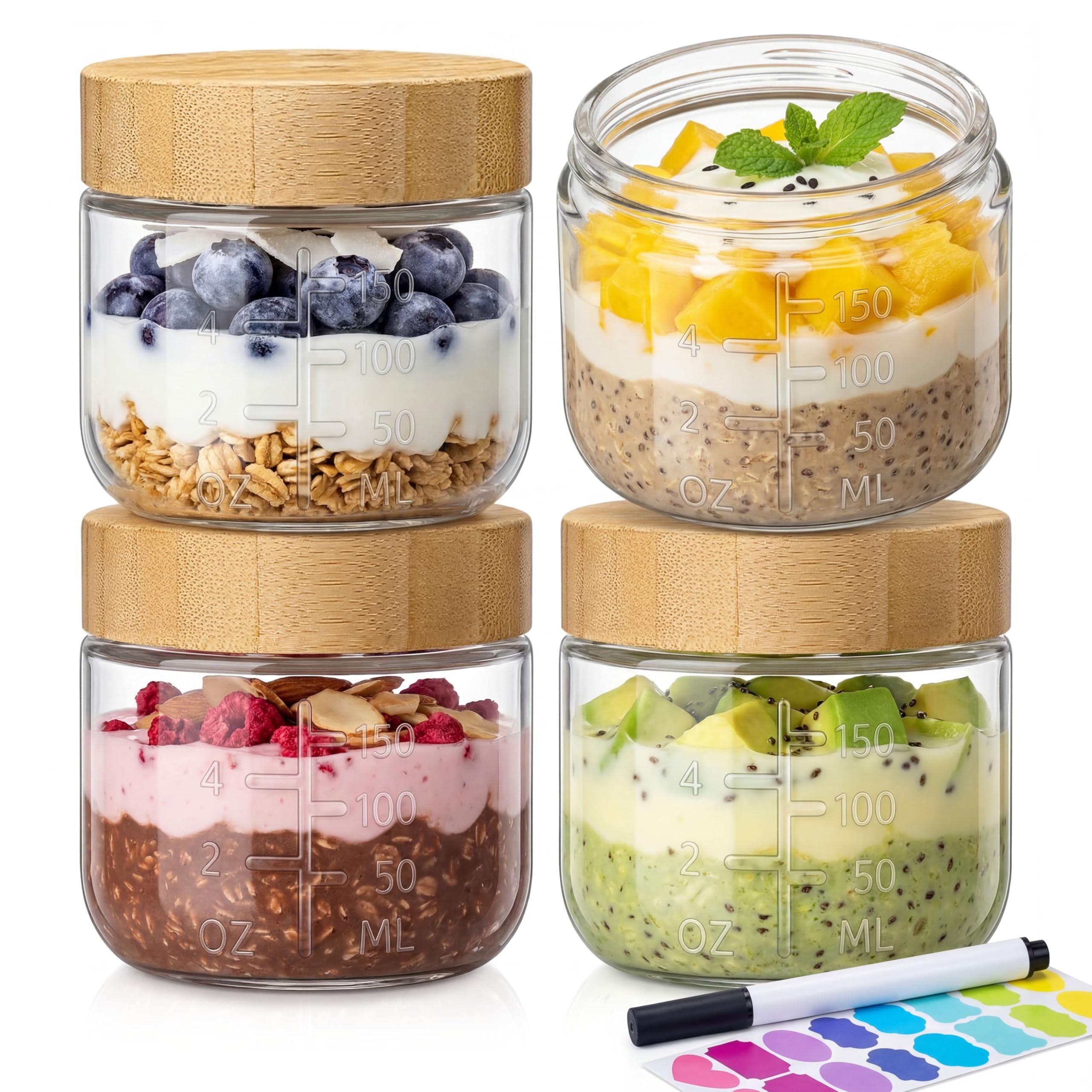 6oz Glass Jars with Airtight Lids - 4 Pack Overnight Oats Containers with Bamboo Lids, Small Food Containers with Measurement for Yogurt, Salad, Chia, Wide Mouth Mason Jar with Lid for Food Storage