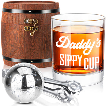 LIGHTEN LIFE Daddy's Sippy Cup Whiskey Glass Set 12 oz, Rocks Glass Fathers Day Gift Ideas in Barrel Box, Unique Bourbon Glass Gifts for Men, New Dad, Husband, Anniversary, Birthday