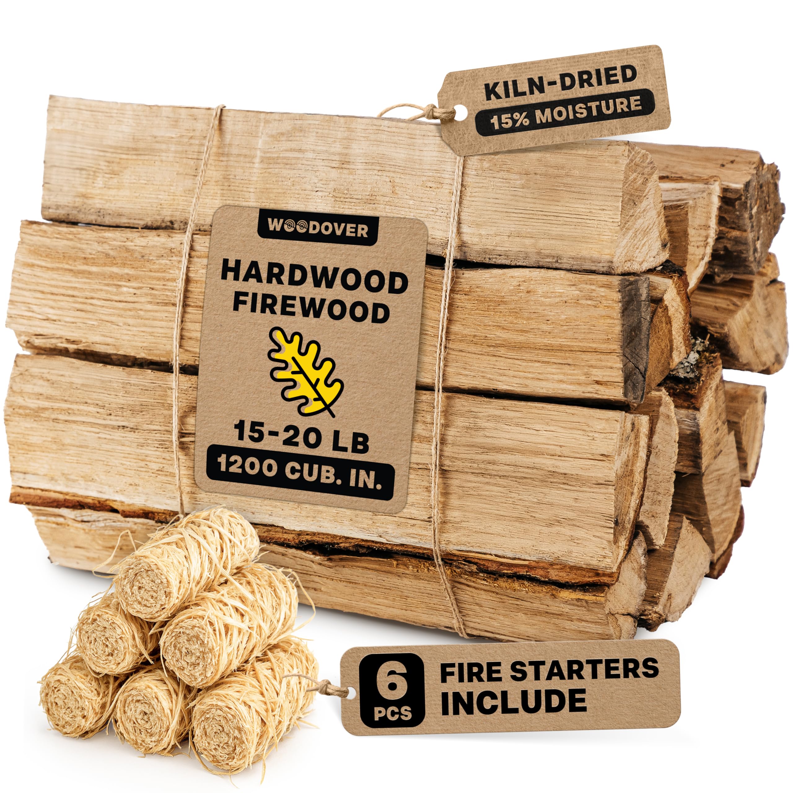15" Oak Firewood Logs, with Fire Starters Set, Kiln-Dried Wood for Fire Pit, Seasoned Logs for Fireplace, Campfire, Firewood Bundle, Pizza Oven, Split Wood for Solo Stove, 1200 cub. in., 15-20lb