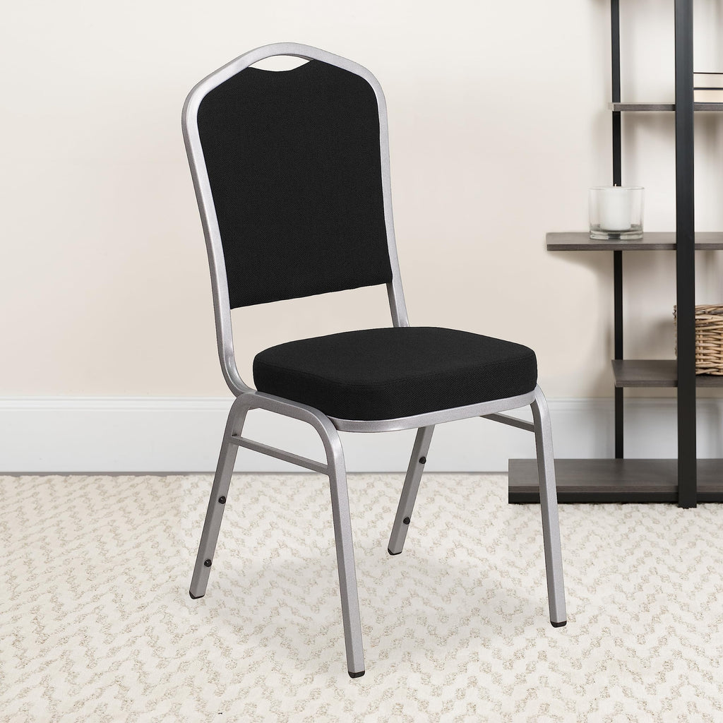 Flash Furniture Hercules Crown Back Stackable Banquet Chair, Silver, 4-pack, Set of 4, Black Fabric/silver Frame