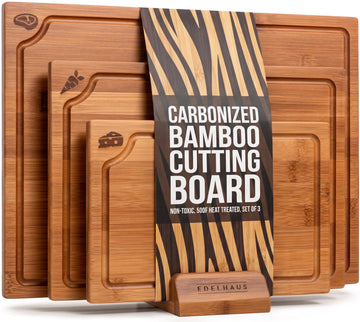 EDELHAUS Carbonized Bamboo Cutting Boards – Cutting Board Set of 3 Heat Treated for Rich Color & Lower Moisture Absorption, Chopping Boards with Juice Groove, Non-Toxic, FSC Certified incl. Stand