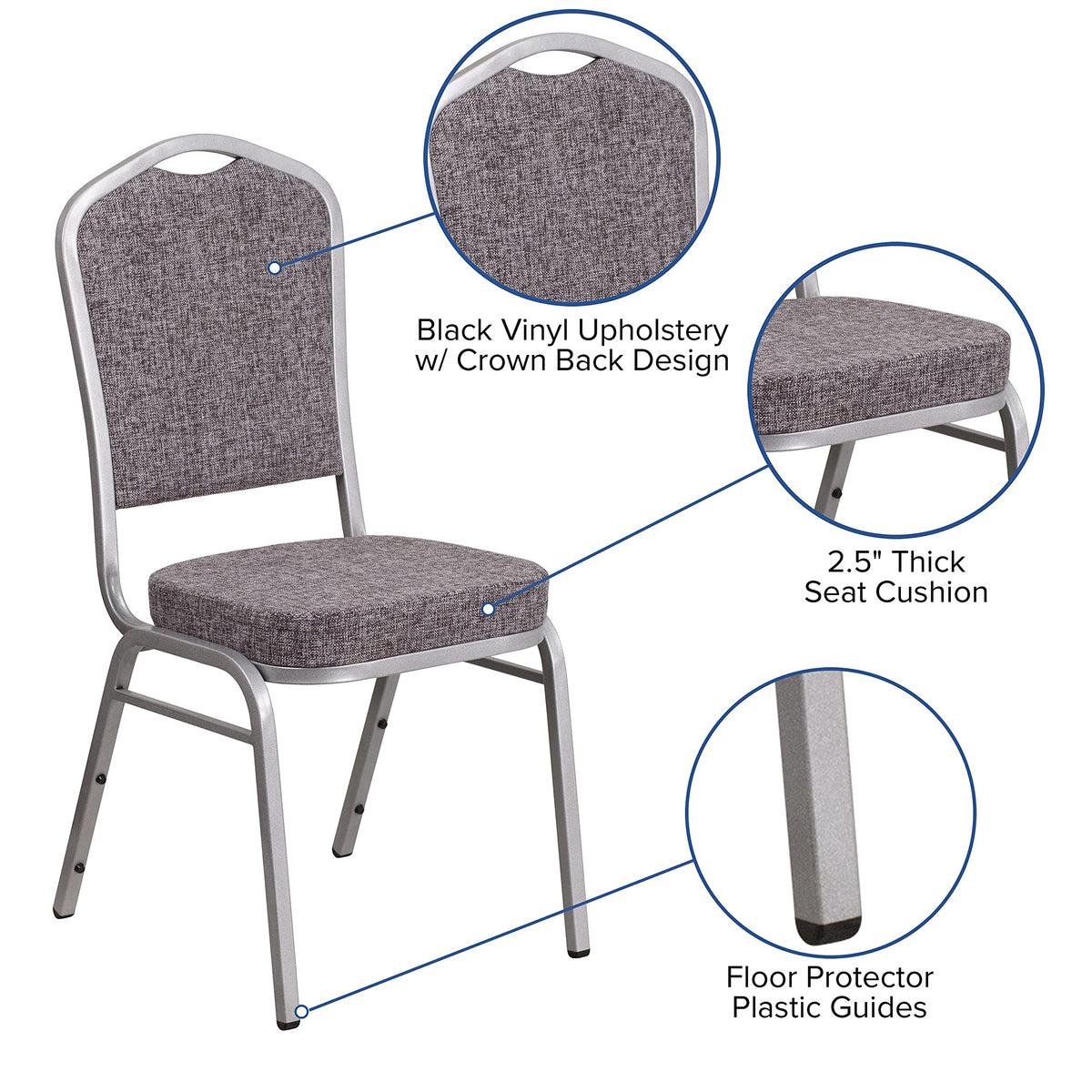Flash Furniture Hercules Fabric Crown Back Stackable Banquet Chair, Silver, Set of 1, Herringbone Fabric/silver Frame