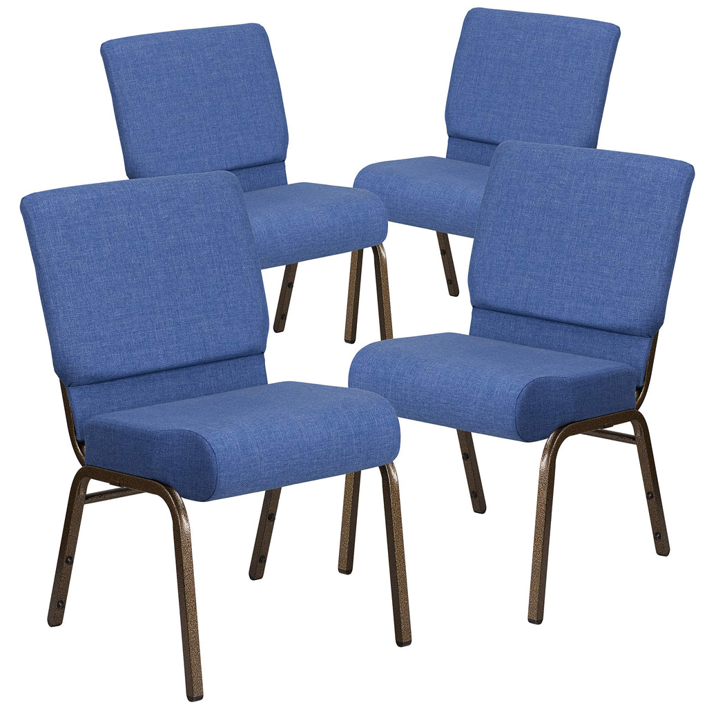 Emma + Oliver Blue 21" W Stacking Church Chair, 4-pack, 21.25"W x 25"D x 33"H, Blue Fabric/gold Vein Frame