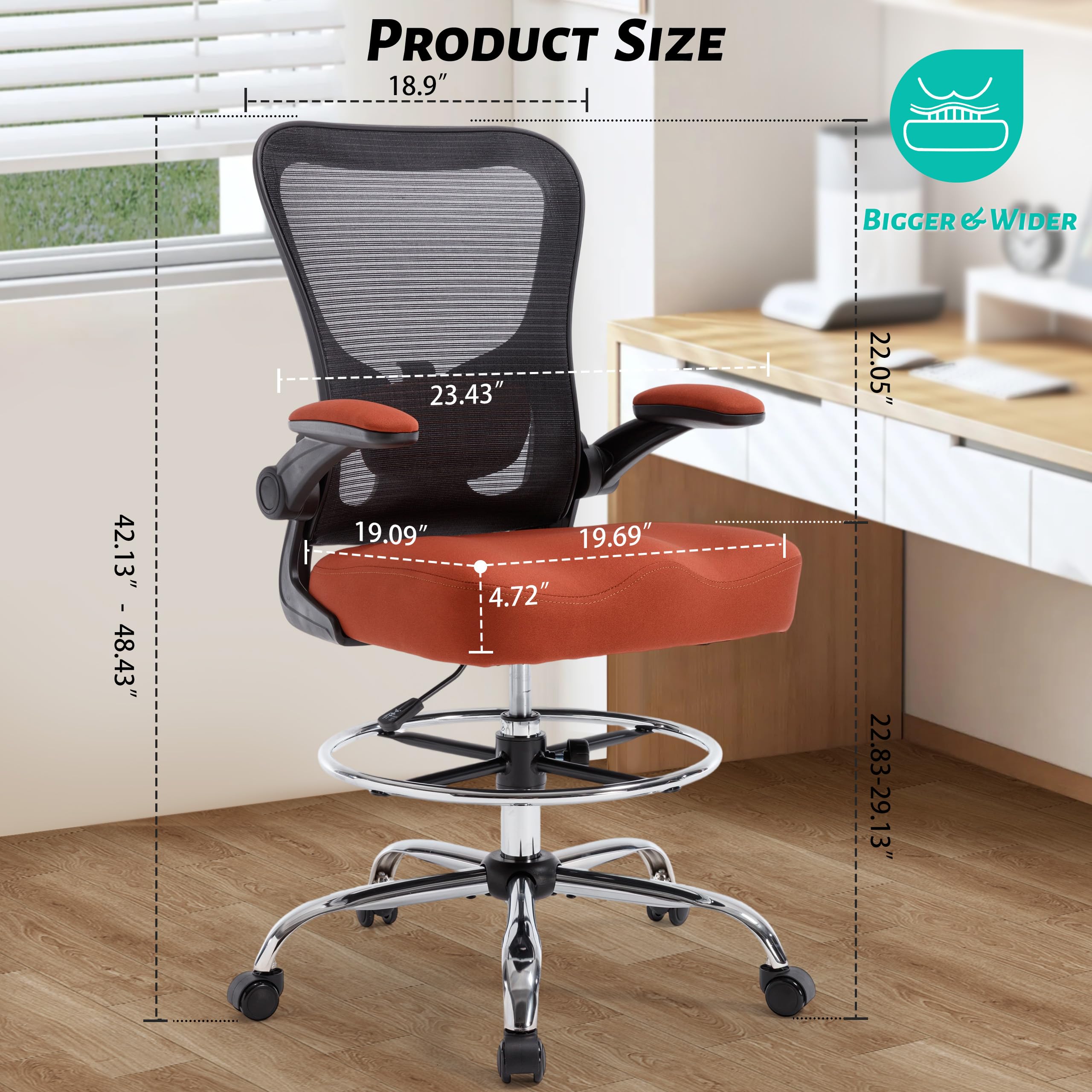 500lbs Ergonomic Drafting Chair Tall Office Chair for Counter Height or Standing Desk, Executive High Office Chairs with W-shaped Thick Seat