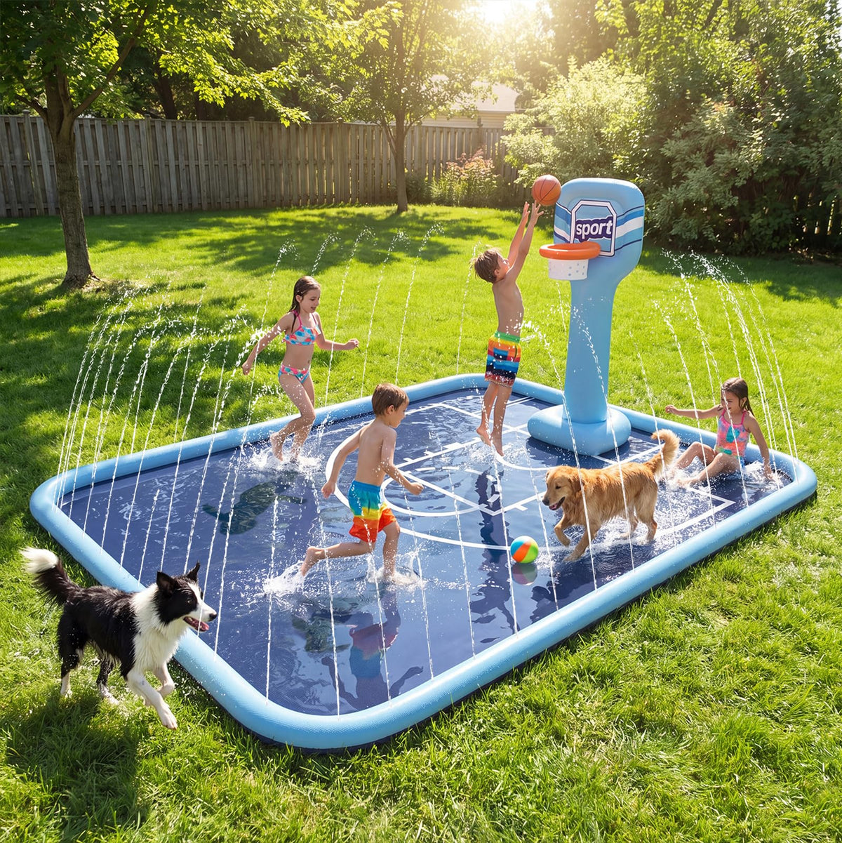 Splash Pad for Kids, 118"x138" Extra Large Sprinkler Splash Pad with Basketball Hoop & Ball, Non-Slip Outdoor Water Toys for Backyard Summer Fun
