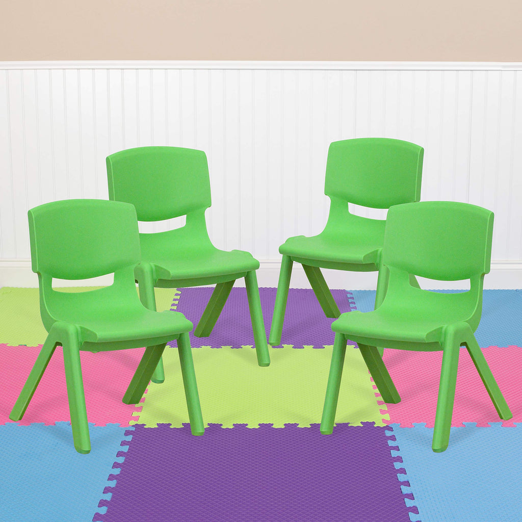 Emma + Oliver Green Plastic Stackable School Chair, 10.5" Seat, 4-pack, 12.5"W x 14"D x 20"H