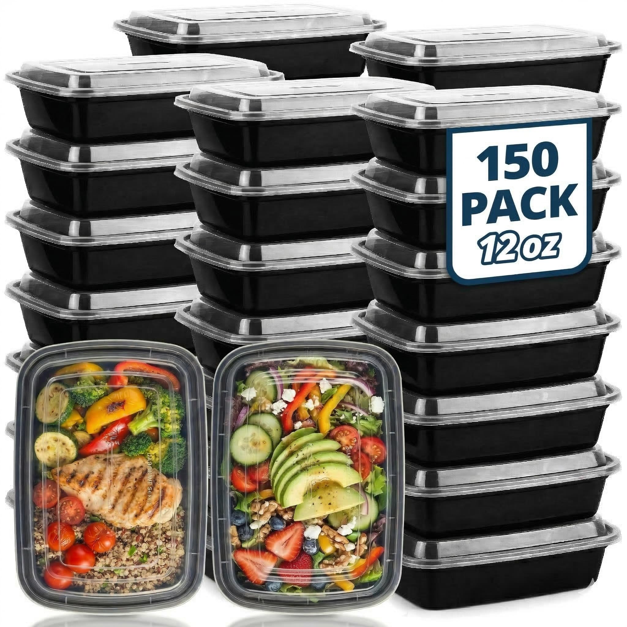 Tiya Meal Prep Containers with Lids - 150 Pack 12 oz BPA-Free Plastic Food Storage Containers Leak-Proof, Microwave, Dishwasher & Freezer Safe Reusable To-Go Boxes for Portion Control & Catering